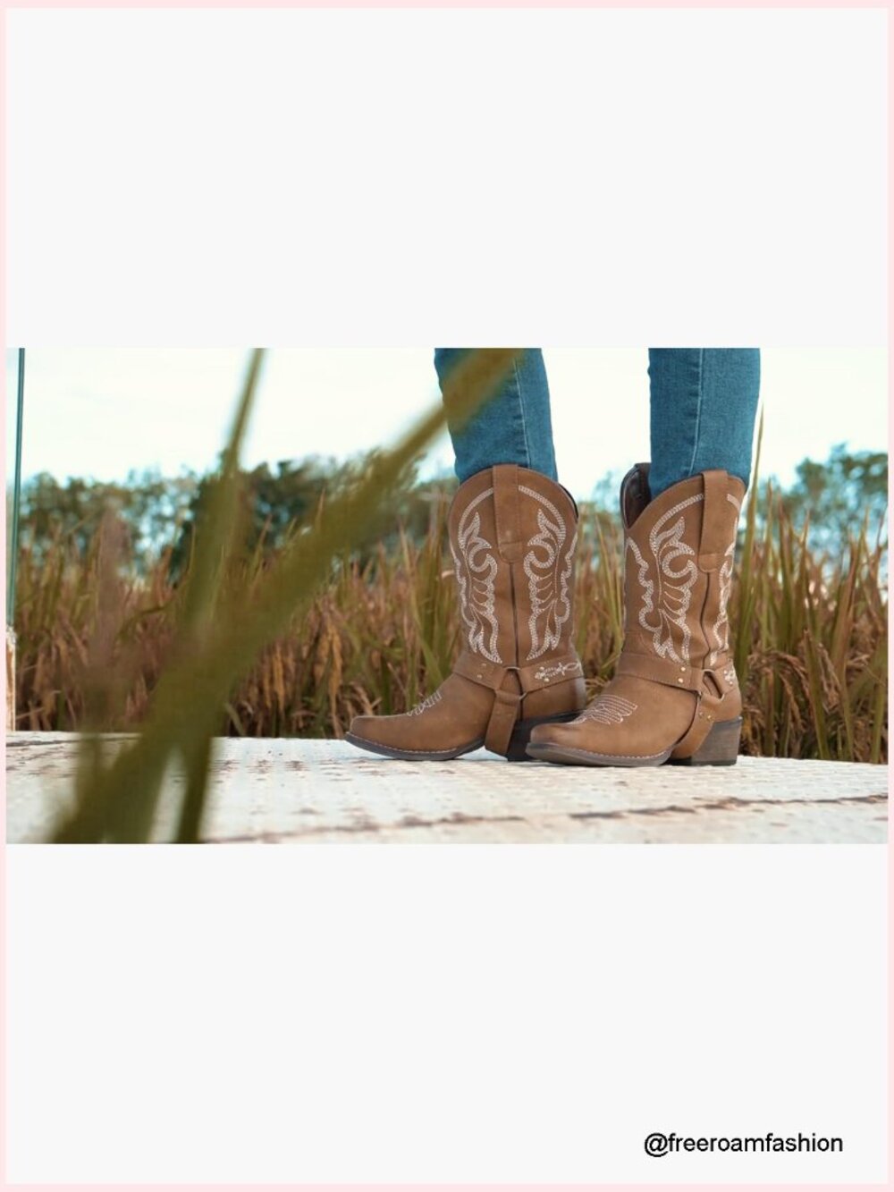 Square Toe Cowgirl Boots Mid Calf Western Riding Boots with Buckle Strap - Picture 7 of 7